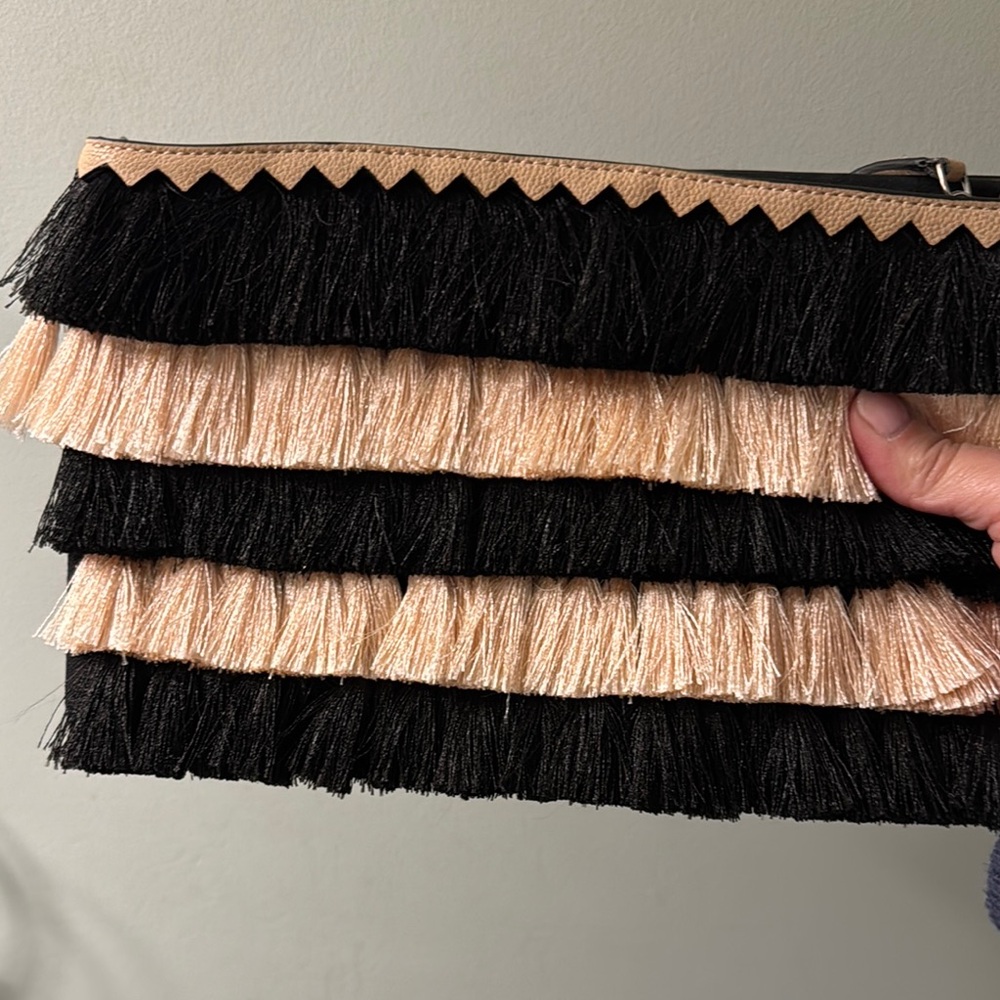 Stella and Dot Black and Light Pink Fringe Clutch